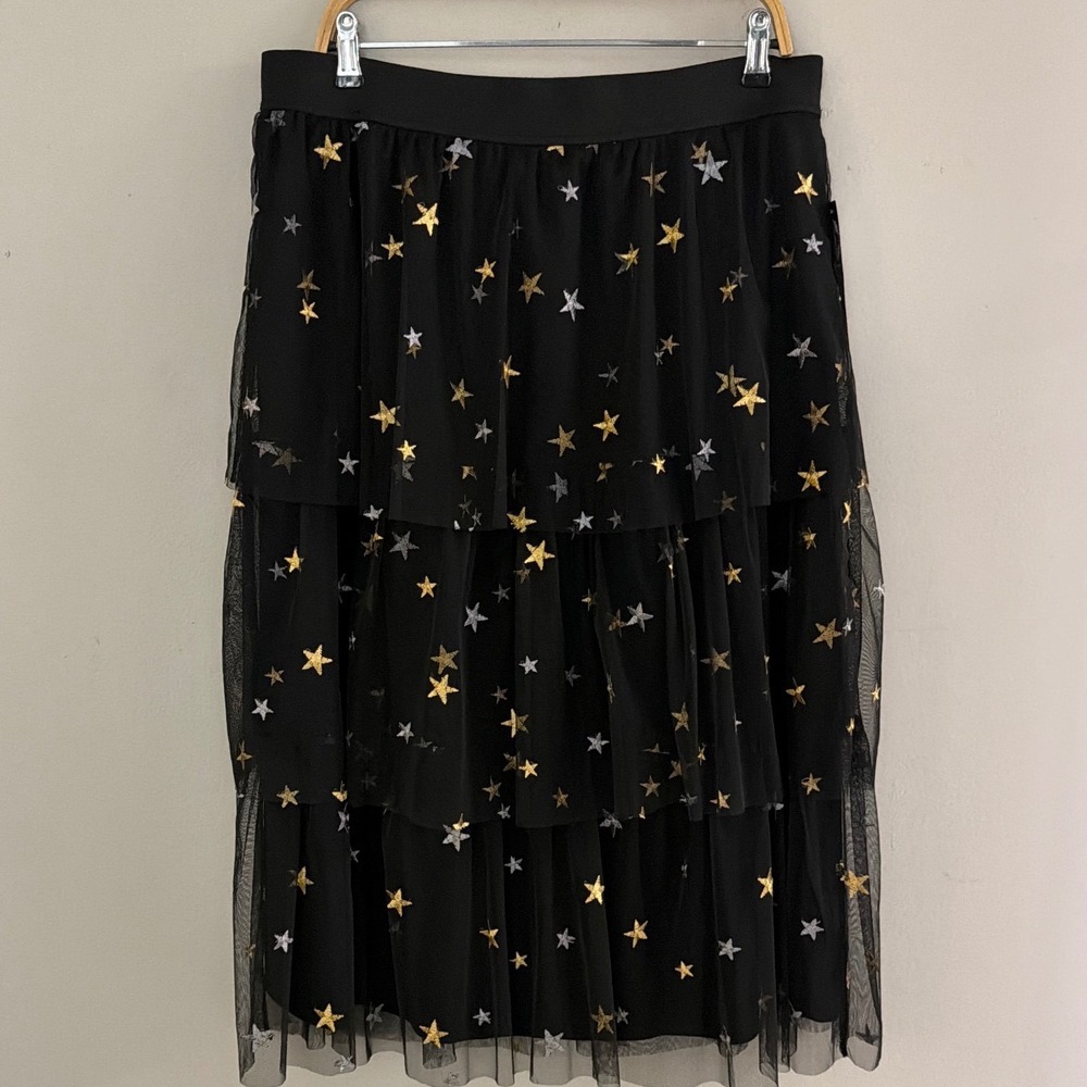 Baku Women Sz XL Black Tiered Tulle Star Embroidered Midi Skirt‎ NWT